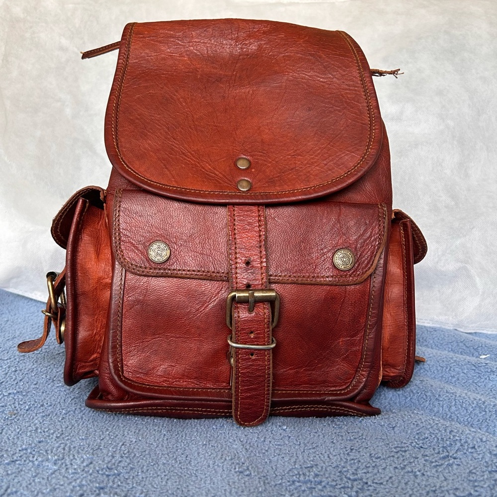 Vintage Red Leather Backpack Tote - Classic Women's Bag